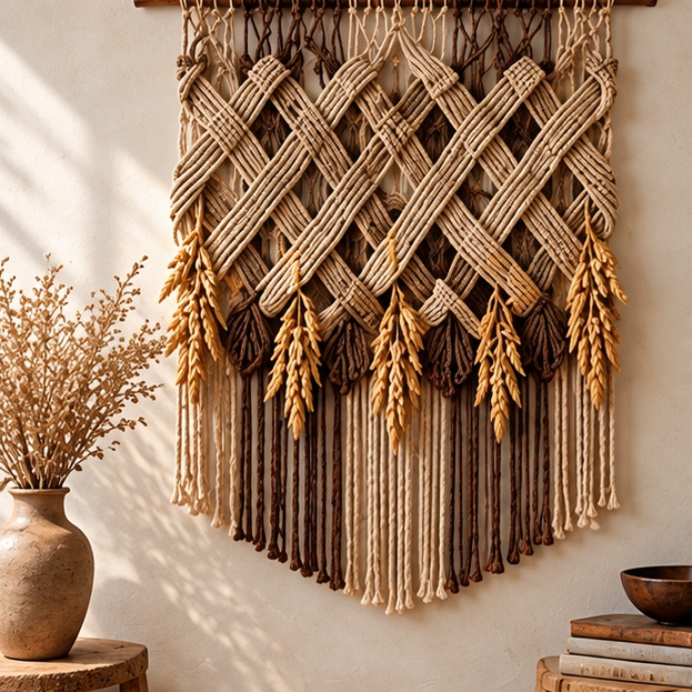 Woodland Loom: Brown / Oatmeal, Woven lattice wheat tapestry