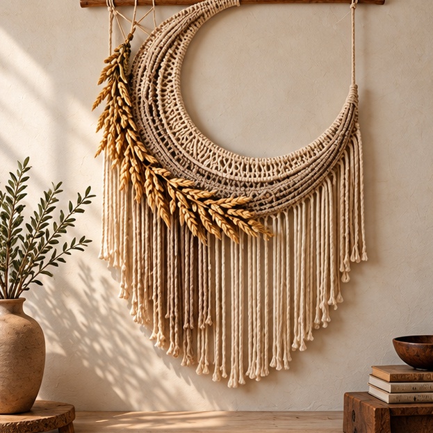 Moonlit Wheat: Cream / Taupe, Wheat crescent wheat tapestry