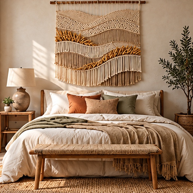 Natural cotton and wheat wall hanging in a restful bedroom